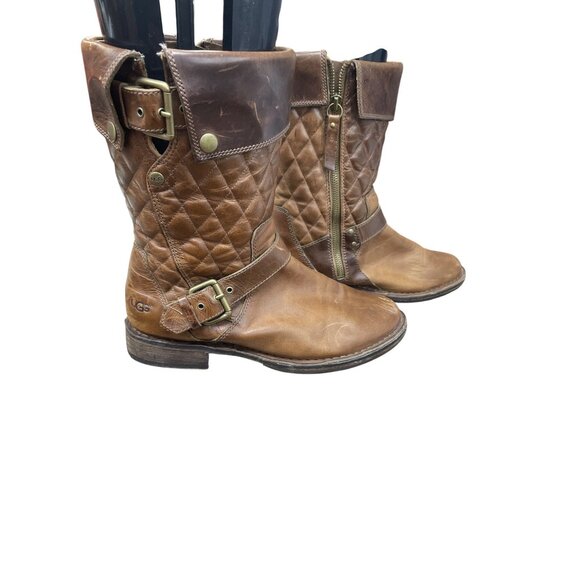 UGG Womans Brown Leather Moto Quilted Mid Calf Boots Sz 7.5 SKU 9475 - Picture 4 of 16